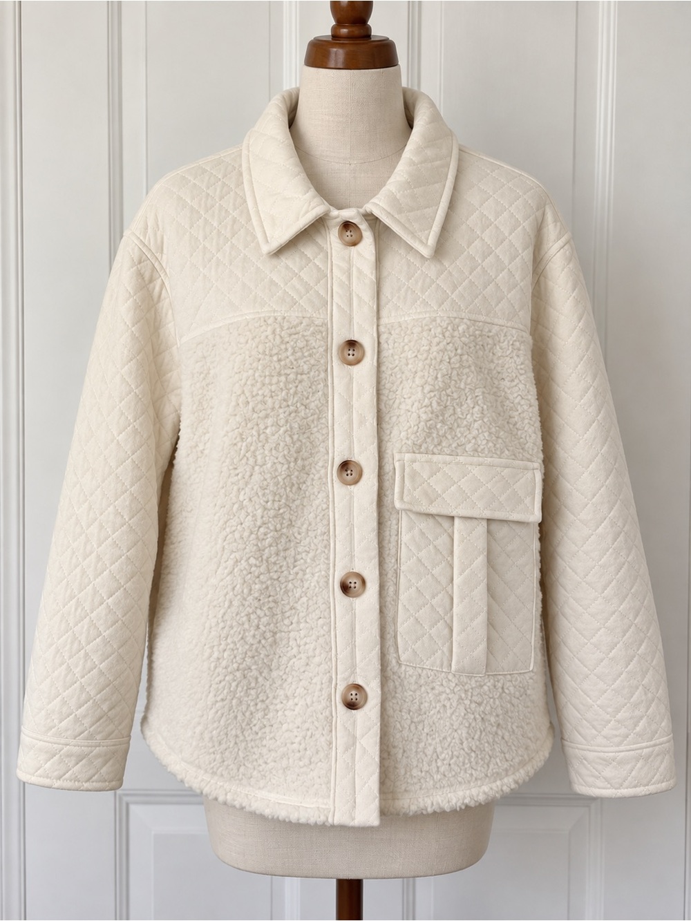 Terra & Sky Cream Quilted Sherpa Button‑Front Jacket